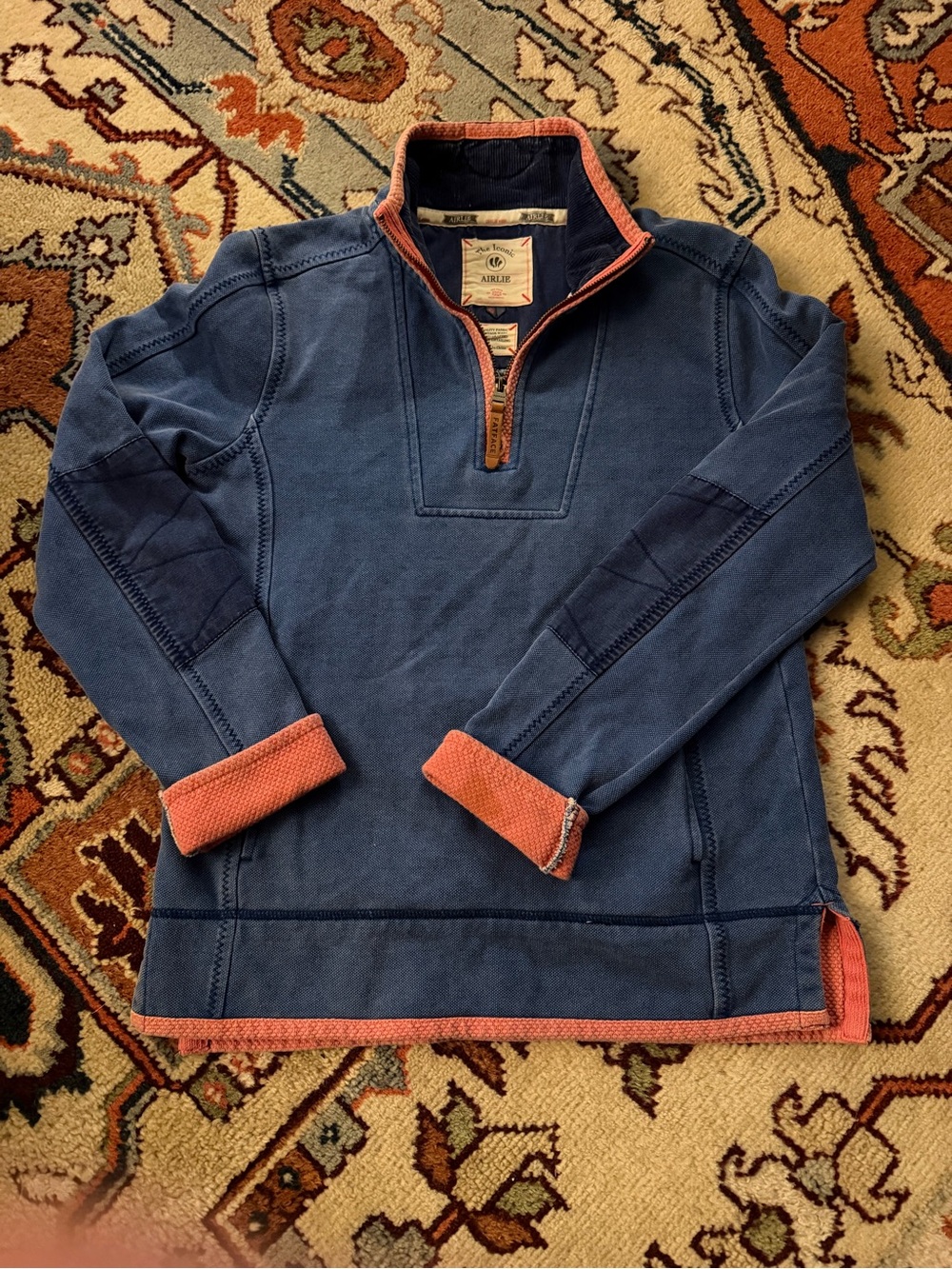 Fat Face Men's Blue Half-Zip Sweater with Coral Trim
